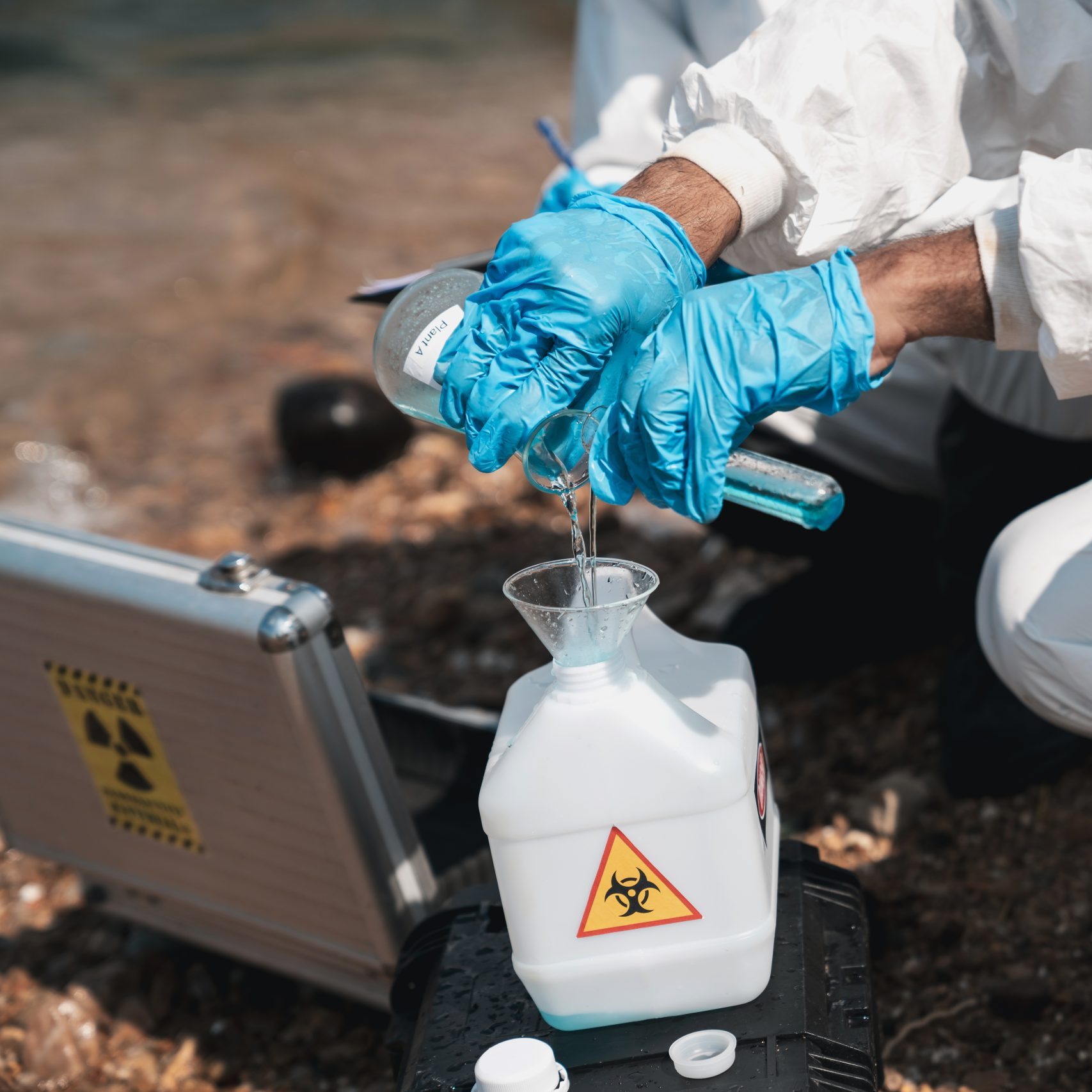 Scientist wear protection suit checking chemical and water analysis and water quality from factory. Protecting Against Hazards and Contamination.